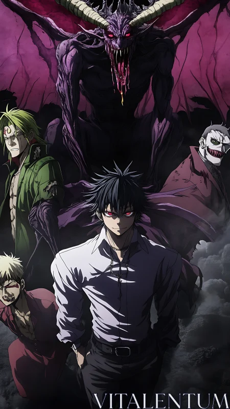 Dark anime characters before horned winged demon figure.