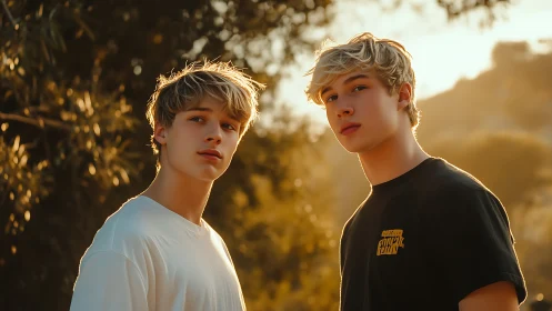 Golden hour portrait of two blond teenage boys outdoors.