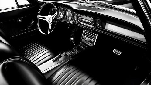 Black classic car interior with chrome dash and shifter.