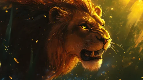 Golden light highlights roaring lion profile in forest.