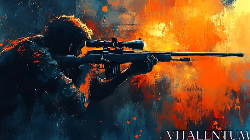 Sniper in tactical position with rifle aimed during intense fire