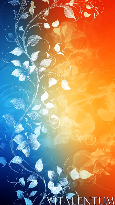 Floral scrollwork over blue to orange gradient background.