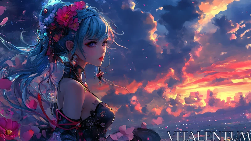 Skybound anime maiden gazes into a blazing fantasy sunset.