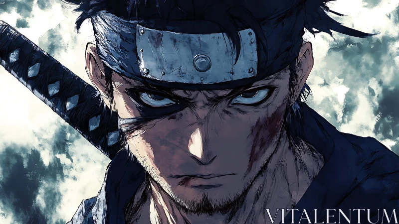 Battle-scarred ninja warrior glares under stormy sky.