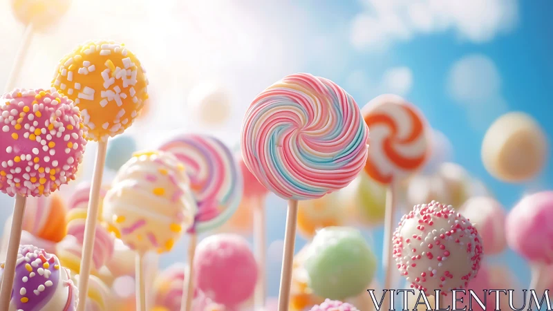 Colorful Lollipops Against Blue Sky. Digital Confectionery Rendering.