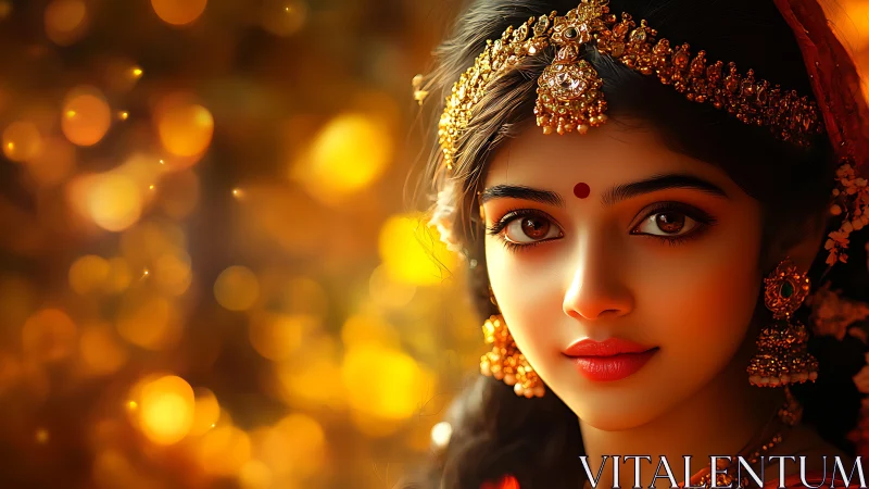 Golden-hued portrait celebrates traditional Indian elegance.
