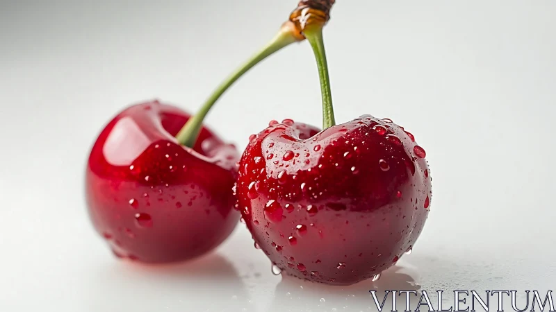 Twin ruby cherries lean together, sparkling with chilled promise