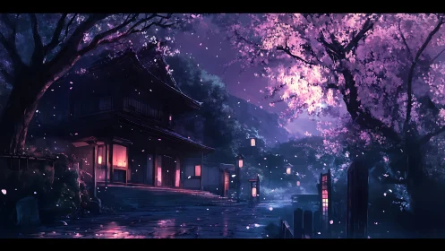 Moonlit shrine terrace glows beneath drifting cherry blossoms