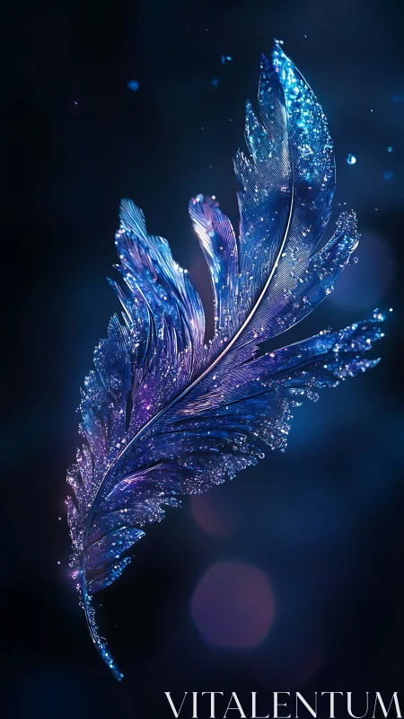Iridescent crystal feather suspended in deep blue glow.