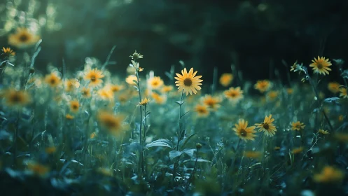 Sunlit Daisies Dance Through Verdant Mist.