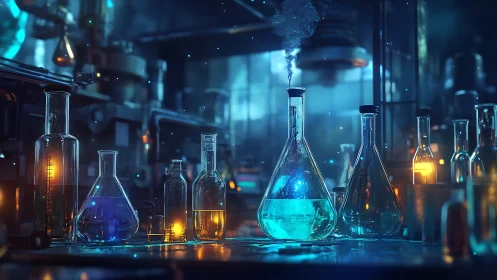 Nocturnal alchemy lab with glowing potions and restless glass.