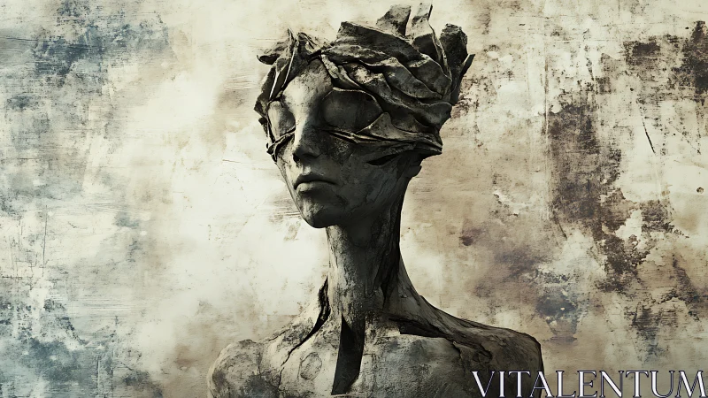 Weathered humanoid sculpture with layered crown and bandage.