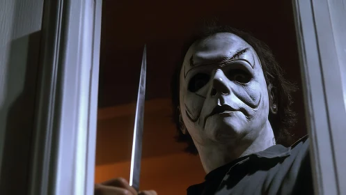 Masked knife-wielding figure framed in dim doorway light