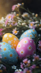 Decorated eggs rest among flowers in shallow depth of field