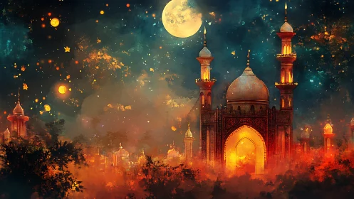 Moonlit fantasy palace glows above a misty celestial city.