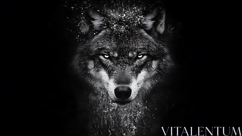 Monochrome wolf portrait with splatter dispersion effect.