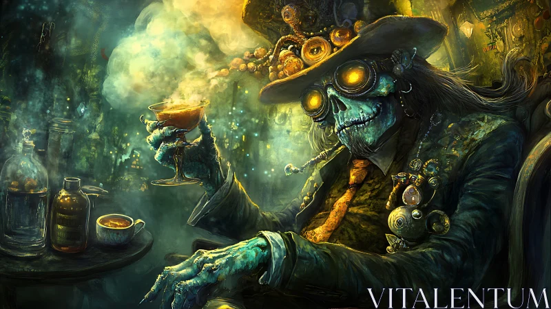 Steam-soaked skeleton toasts midnight in a luminous hat of eyes