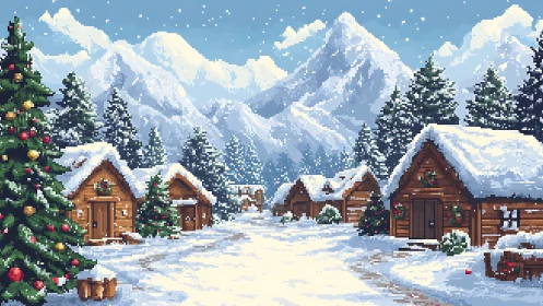 Snow-kissed pixel cabins beneath storybook winter peaks.