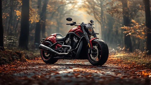 Red cruiser motorcycle stands on leaf covered forest road