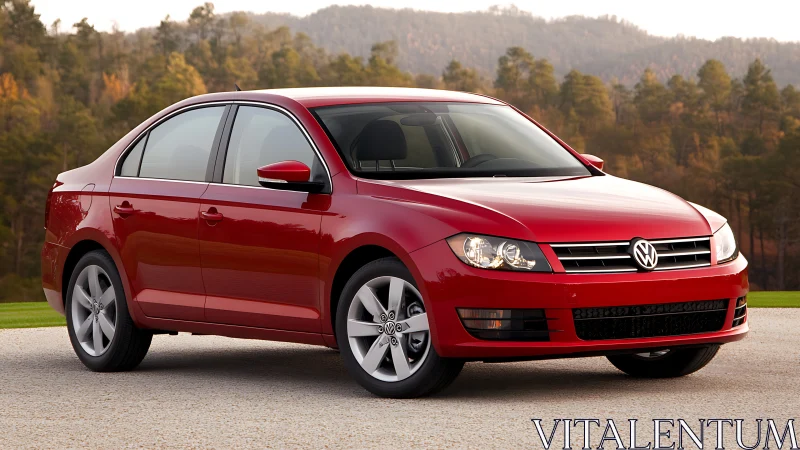 Photorealistic red sedan in three-quarter front landscape view.