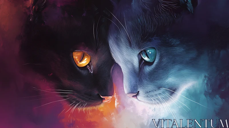 Luminous Duality: Two Cats Merged in Mystical Color Storm
