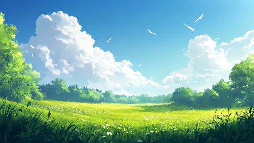 Sunny meadow daydream under wide open blue skies.