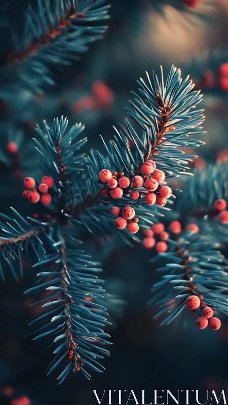 Evergreen needles cradle winter berries in teal dusk glow.