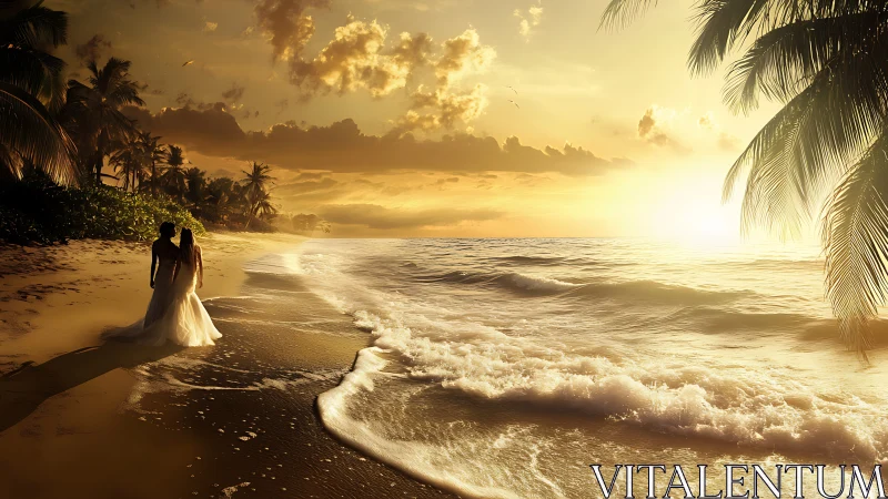 Solitary Figure on Beach at Sunset with Tropical Vegetation.