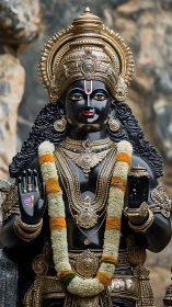 Ornate black stone deity idol with gold crown and garlands.