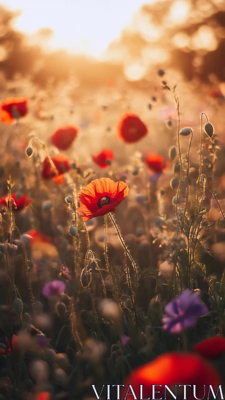Golden Hour Poppy Field with Vibrant Red and Purple Blooms