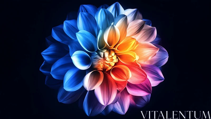 Radiant multicolor dahlia blooms against deep black void.