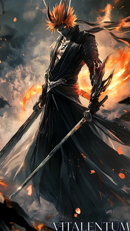 Fiery sword warrior in black robes amid burning embers.