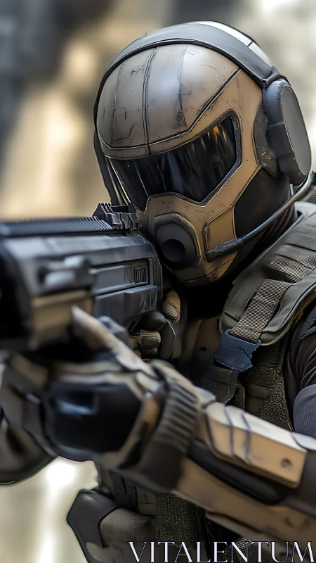 Armored futuristic soldier aiming rifle in tight cinematic close-up