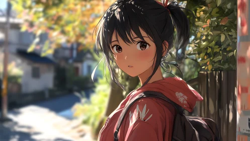 Anime girl with backpack walking through sunlit street.