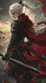 Scarlet-clad swordswoman poised amid swirling embers and ash.