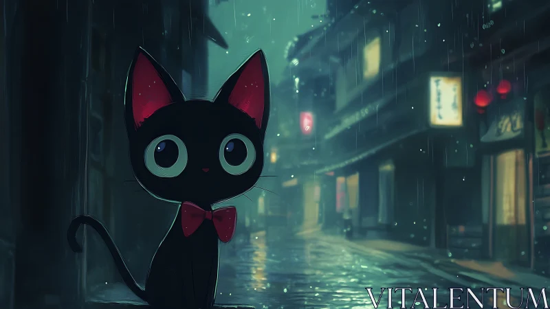 Black cartoon cat in rainy neon lit alley at night.