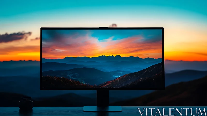 Ultrawide monitor with panoramic mountain sunset framing.