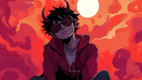 Sun-drenched devil youth broods beneath a burning sky.