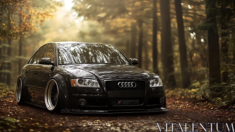 Lowered black Audi sedan on forest road at dusk.