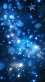 Blue glitter stars and light flares form dense abstract field