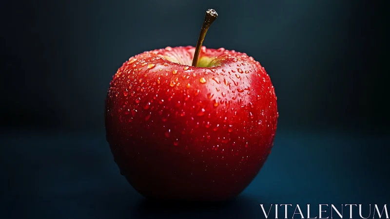 Red apple glistens with dewdrops against deep blue background.