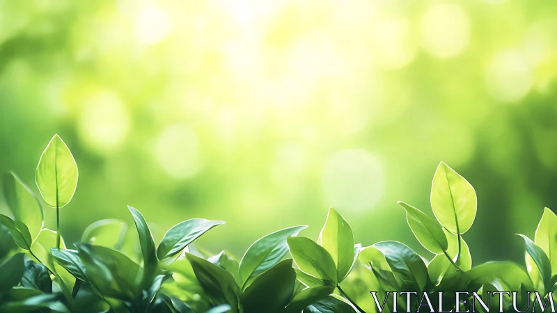 Sunlit Green Leaves with Soft Bokeh Background, Nature Style.