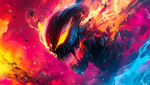 Blazing cosmic beast rising from swirling neon storms.