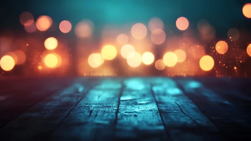 Cozy wooden stage glowing under soft festive bokeh lights.
