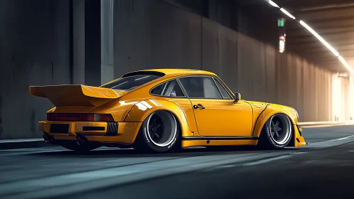 Widebody yellow sports coupe in moody tunnel light.