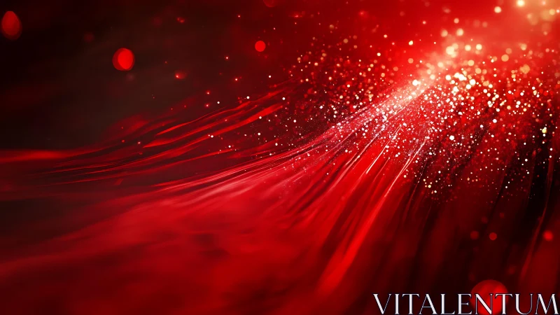 Abstract red light streaks with glowing particles digital art.