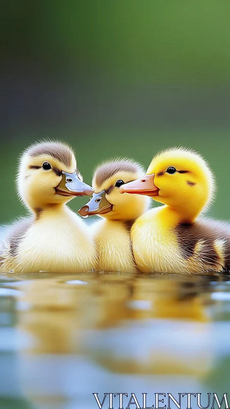 Three fuzzy ducklings float together on calm water surface.