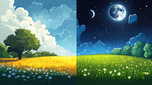 Day and night summer meadow diptych with stylized sky contrast
