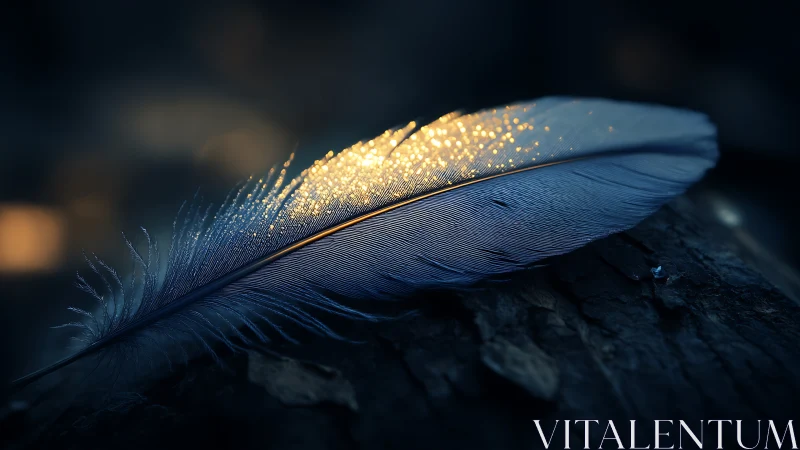 Close-up of Blue Feather with Golden Dew in Moody Lighting.