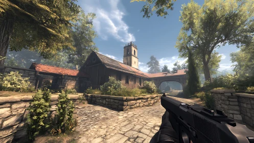 First-person shooter courtyard with detailed foliage shading and AO